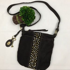 Fossil brown velour gold studded cross body purse